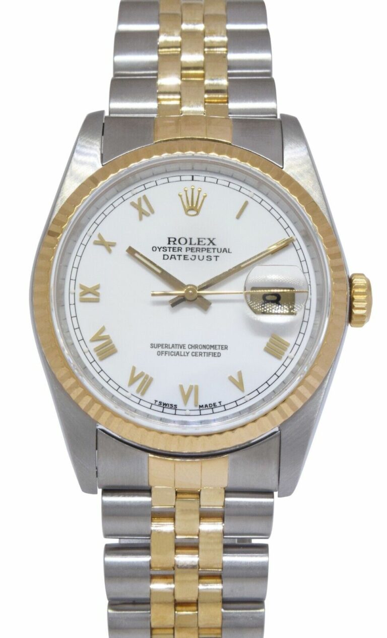 Rolex Datejust 18k Yellow Gold/Steel White Roman Dial Mens 36mm Watch R  16233 - Jewels in Time