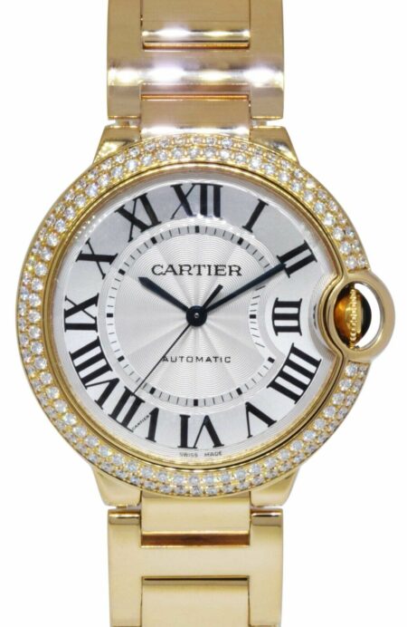 Cartier Ballon Bleu 36mm 18k Yellow Gold Diamond Bezel Watch WJBB0007 3002
