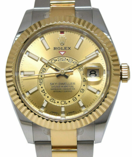 NOS Rolex Sky-Dweller 18k YG/Steel 42mm Champagne Dial Watch Box/Papers 326933