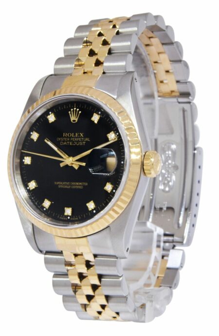 Rolex Datejust 18k Yellow Gold/Steel Black Diamond Dial 36mm Watch +Papers 16233