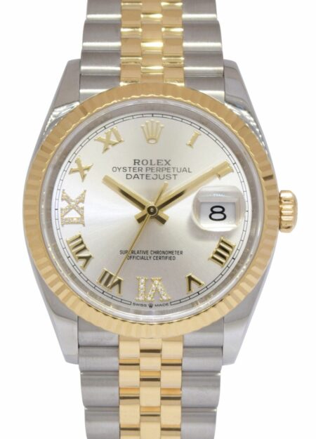 Rolex Datejust 36 18k Yellow Gold/Steel Silver Diamond 6-9 Dial Watch 126233