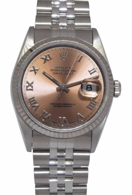 Rolex Datejust Steel & 18k White Gold Bezel Salmon Dial Mens 36mm Watch S 16234