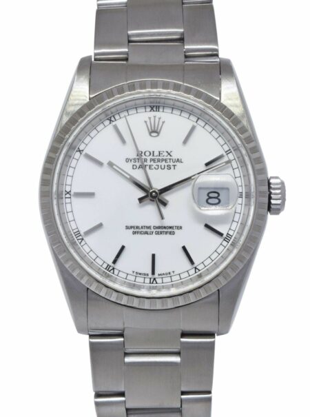 Rolex Datejust Steel White Dial Engine Turned Bezel Oyster 36mm Watch X 16220