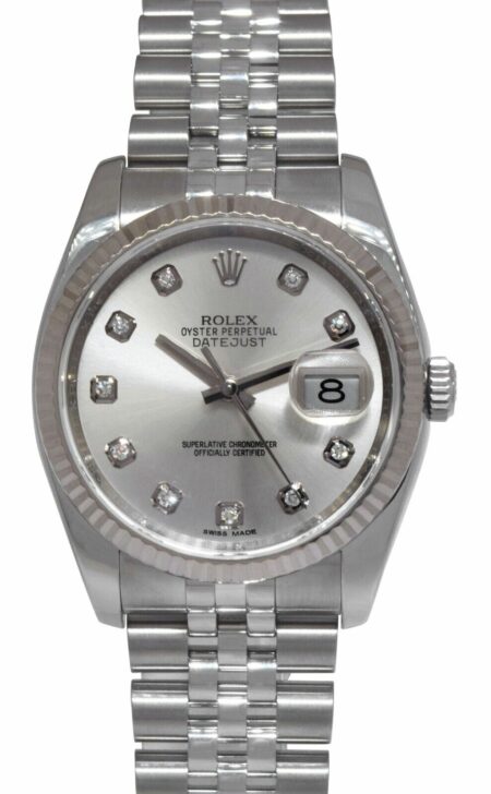Rolex Datejust Steel/18k White Gold Bezel Silver Diamond Dial 36mm Watch 116234