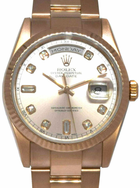 Rolex Day-Date 18k Rose Gold Pink Diamond Dial Mens 36mm Watch 118235