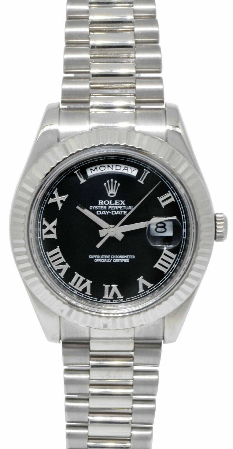 Rolex Day-Date II President 18k White Gold Black Roman 41mm Watch B/P '13 218239