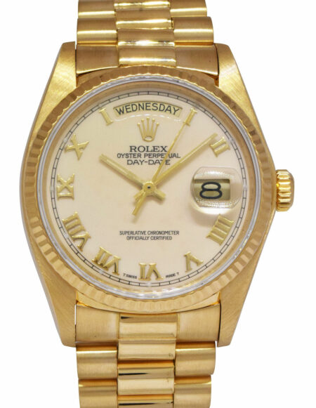 Rolex Day-Date President 18k Yellow Gold Ivory Roman Dial 36mm Watch '79 18038