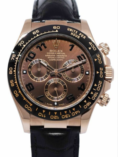 Rolex Daytona 18k Rose Gold / Ceramic Chocolate Dial w/Leather 40mm Watch 116515