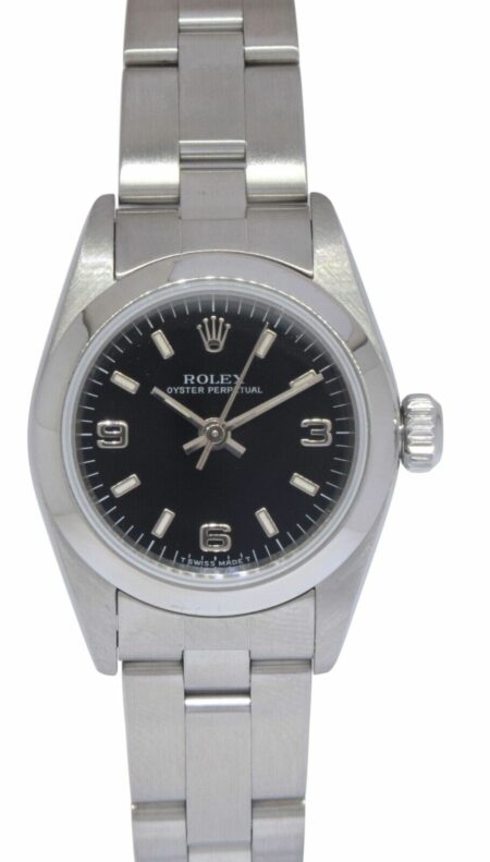 Rolex Oyster Perpetual No Date Steel Black Dial Ladies 24mm Watch +Paper U 67180