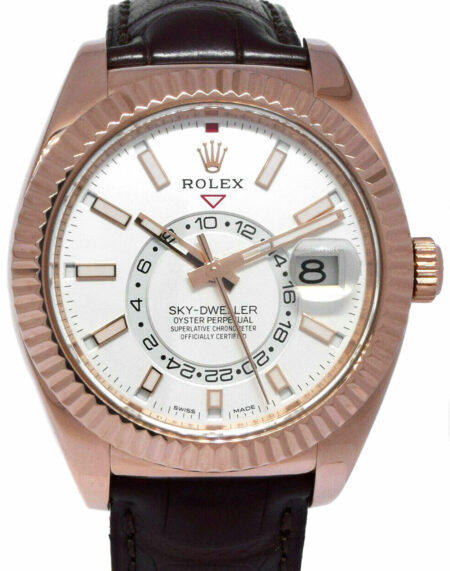 Rolex Sky-Dweller 18k Rose Gold White Dial Mens GMT 42mm Watch +Card '15 326135