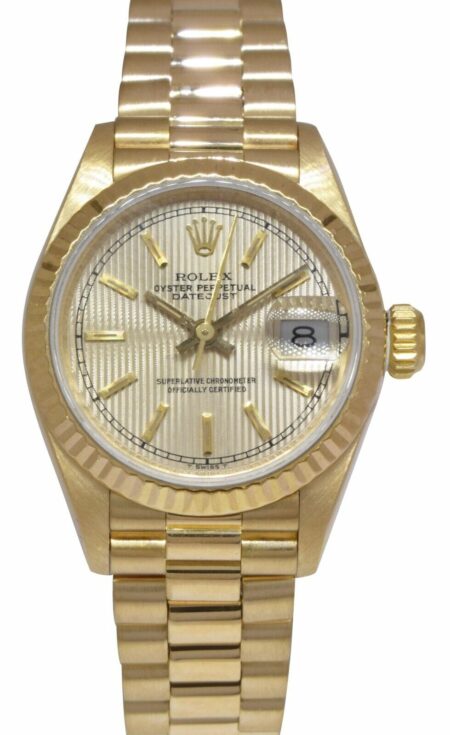 Rolex Datejust President 18k Yellow Gold Silver Tapestry Ladies 26mm Watch 69178