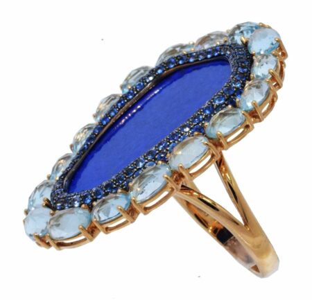 18k Rose Gold Multi Gemstone Ring Lapis Lazuli Sapphires & Aquamarine Size 8