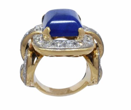 18k Yellow Gold Rectangular Sodalite & Ring 3.25ct Diamond Ring Size 5.75