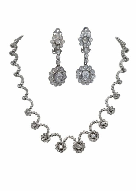 7.58 ct Diamond Flowers Motif 14k White Gold Necklace & Earrings Set